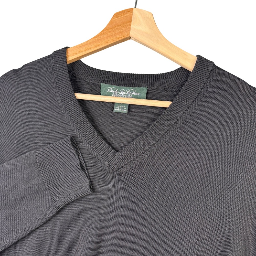 Brooks Brothers Country Club Silk Cotton V-Neck Sweater Black Mens Large